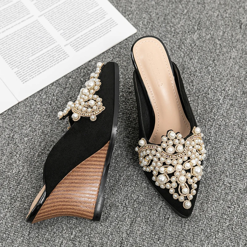 Wedges Half Slippers Women Outerwear 2023 Spring Summer New Pointed Pearl Baotou Mules Shoes 8cm High Heel Women Slides Slipper