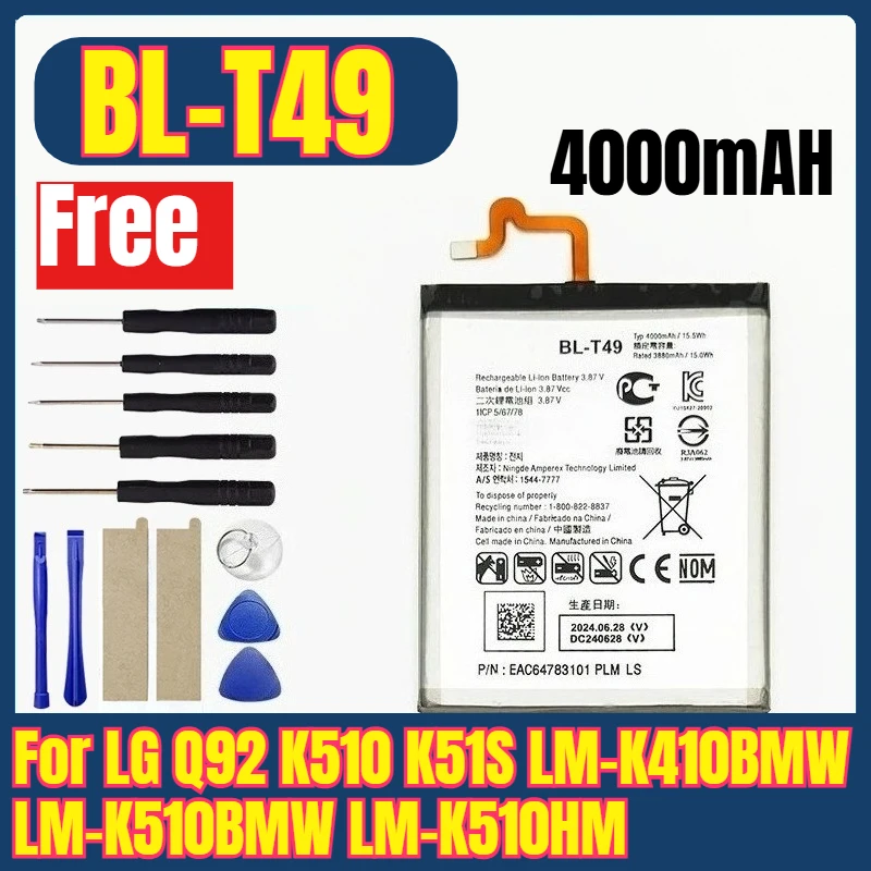 

4000mAh BL-T49 Battery for LG Q92 K510 K51S LM-K410BMW LM-K510BMW LM-K510HM Mobile Phone Bateria with Tools