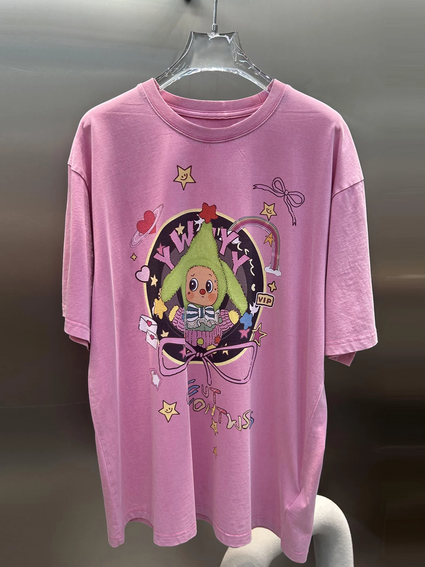 

Pink Cartoon Print Loose T-Shirt Women's Summer Casual Fashion Top Comfortable Breathable Short Sleeve round Neck Tee