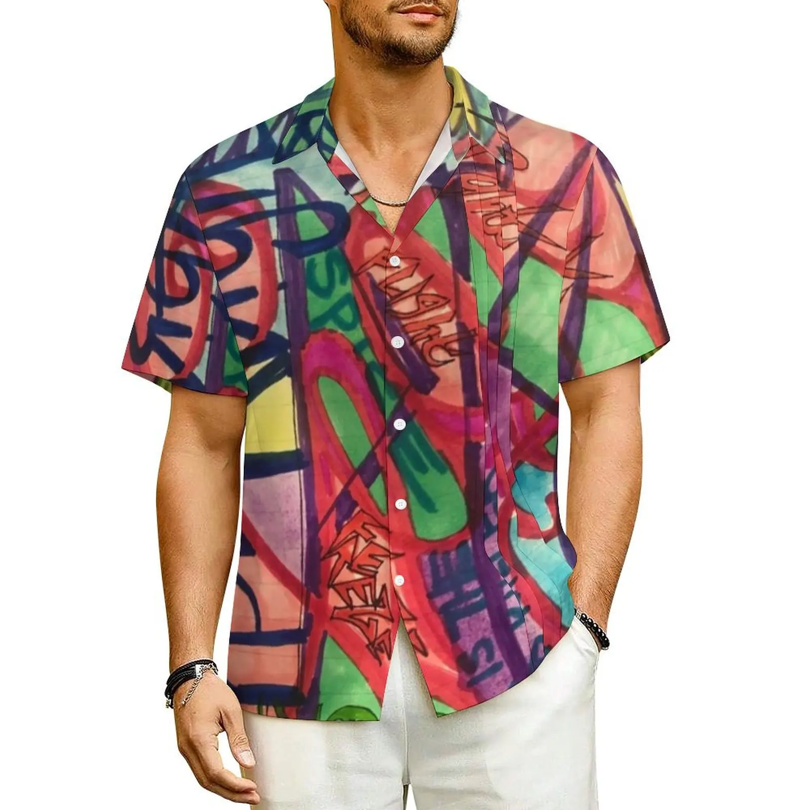 

Word Graffiti Print Hawaiian Shirt Men Beach Abstract Letter Casual Shirts Short Sleeve Fashion Graphic Trendy Oversized Blouses