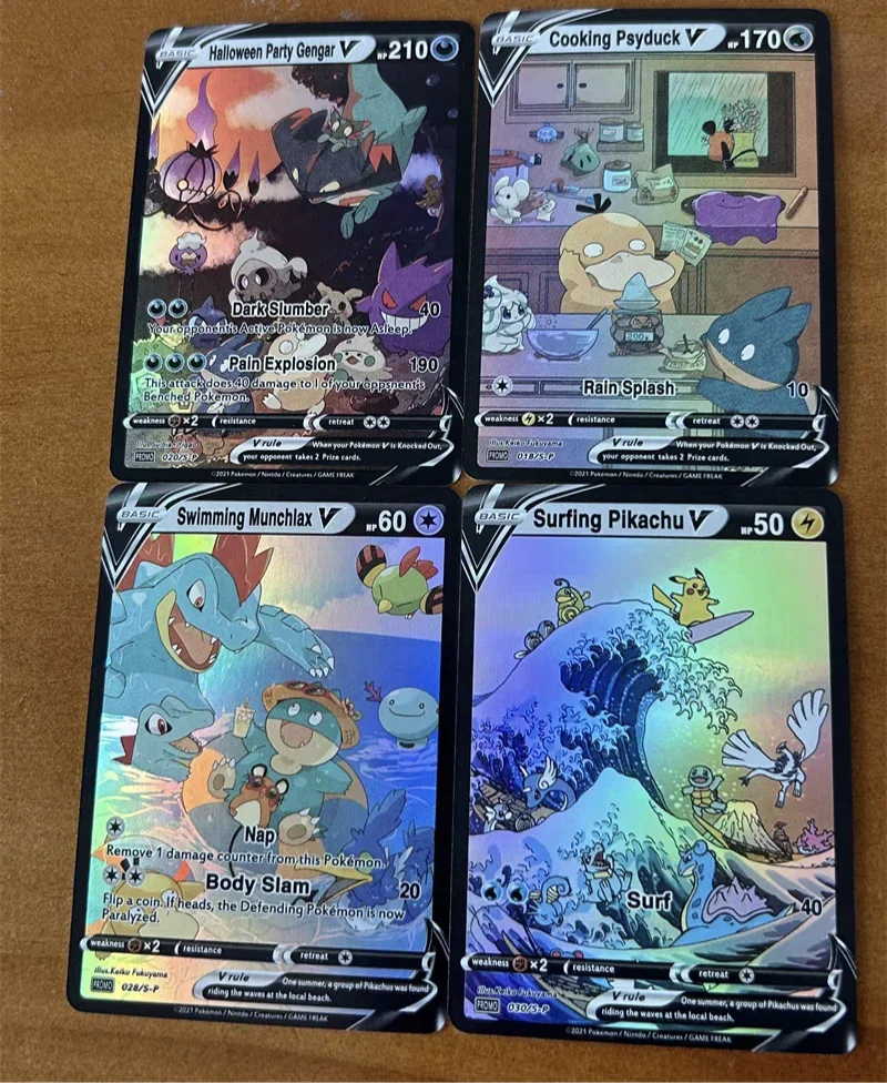 

4Pcs/set DIY PTCG Pokemon Flash Card Personality Card Surfing Pikachu Swimming Munchlax Party Gengar Cooking Psyduck Anime