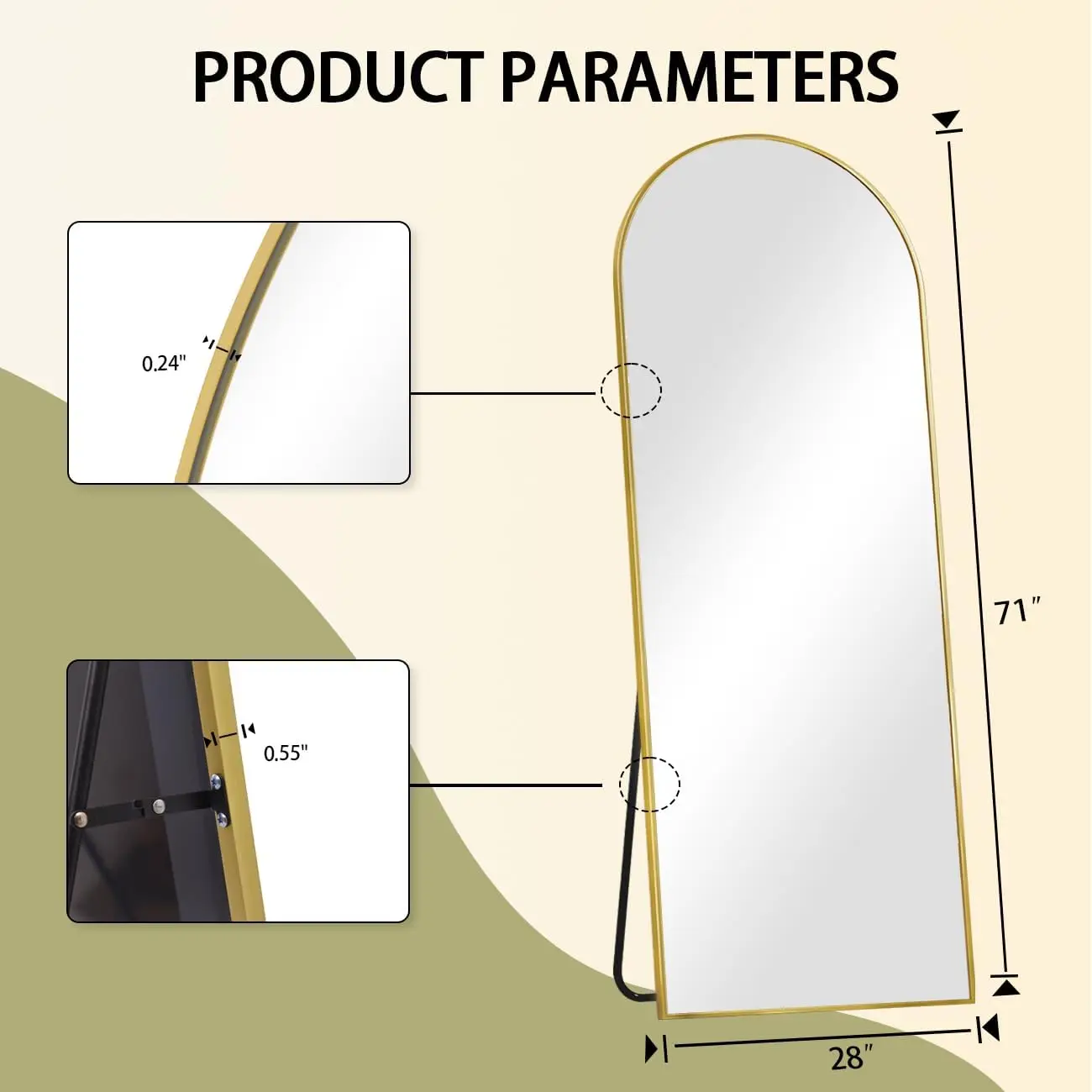 Arco Corpo Inteiro Espelho, Espelho de parede, Piso Espelho com suporte, Suspensão, Alumínio Alloy Frame, Full Bo, 71 "x 28"