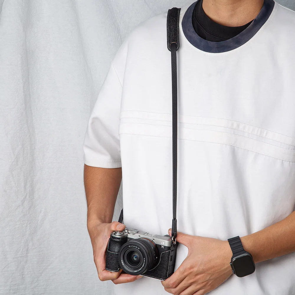 For Sony A7CM2 Case Vintage Denim Material Handmade Protective Case ILCE-7CM2 Half Case Bag A7C2 Camera Bag with Metal Base