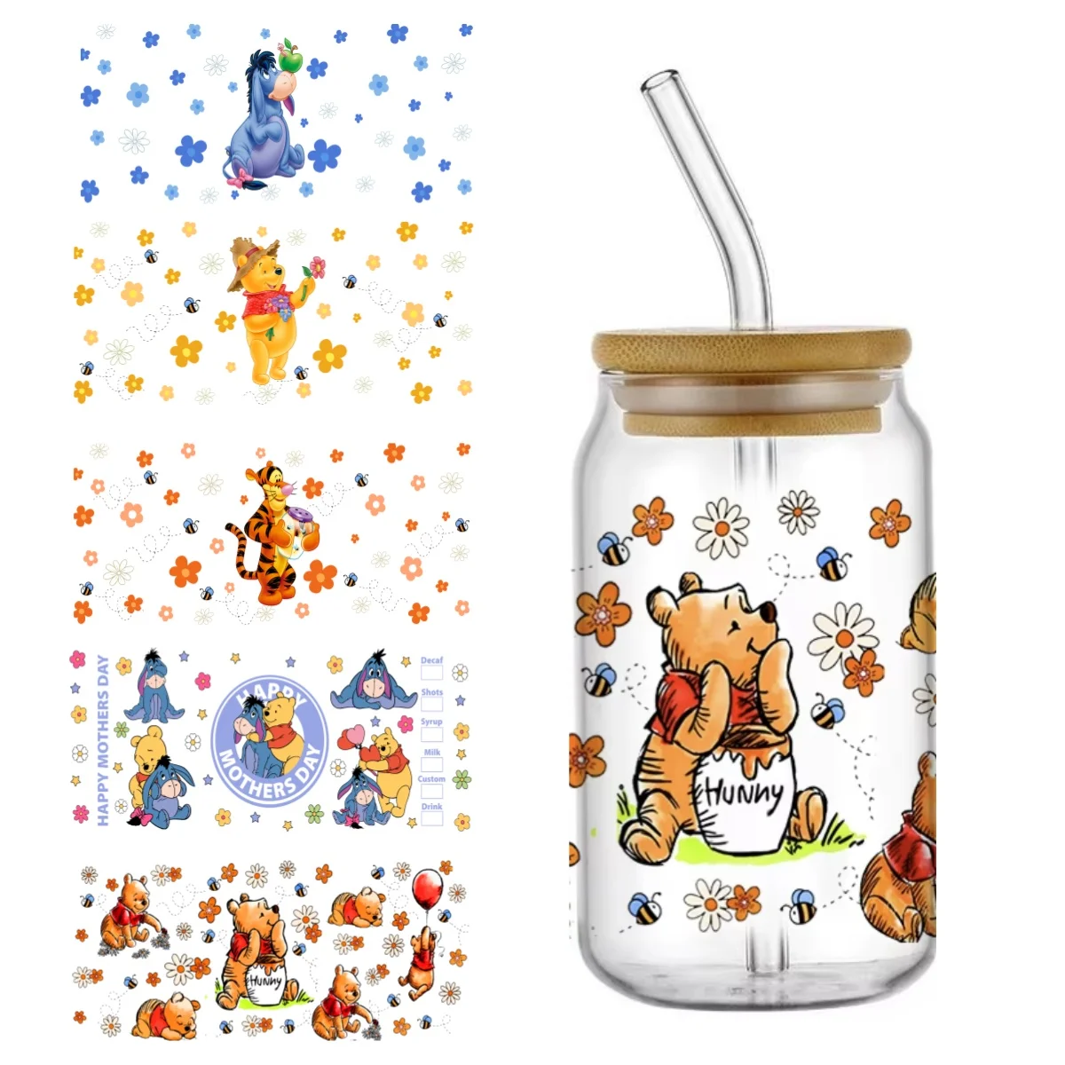 Funko Bestseller Niedlicher Winnie Bär 16oz UV DTF 3D Transfer Cartoon Aufkleber für Glasdosenbecher Mode Handwerk DIY Kreativ