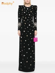 Modphy High-Quality Shiny Diamond Bead Slim Formal Maxi Dress Women'S Long Sleeved O-Neck Elegant Celebrity Evening Runway Gowns