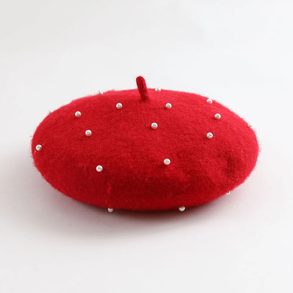 

Wool Pearl Beret Hat For Winter Warm Fashionable Elegan Breathable Lightweight Portable Travel Headwear Gift Red