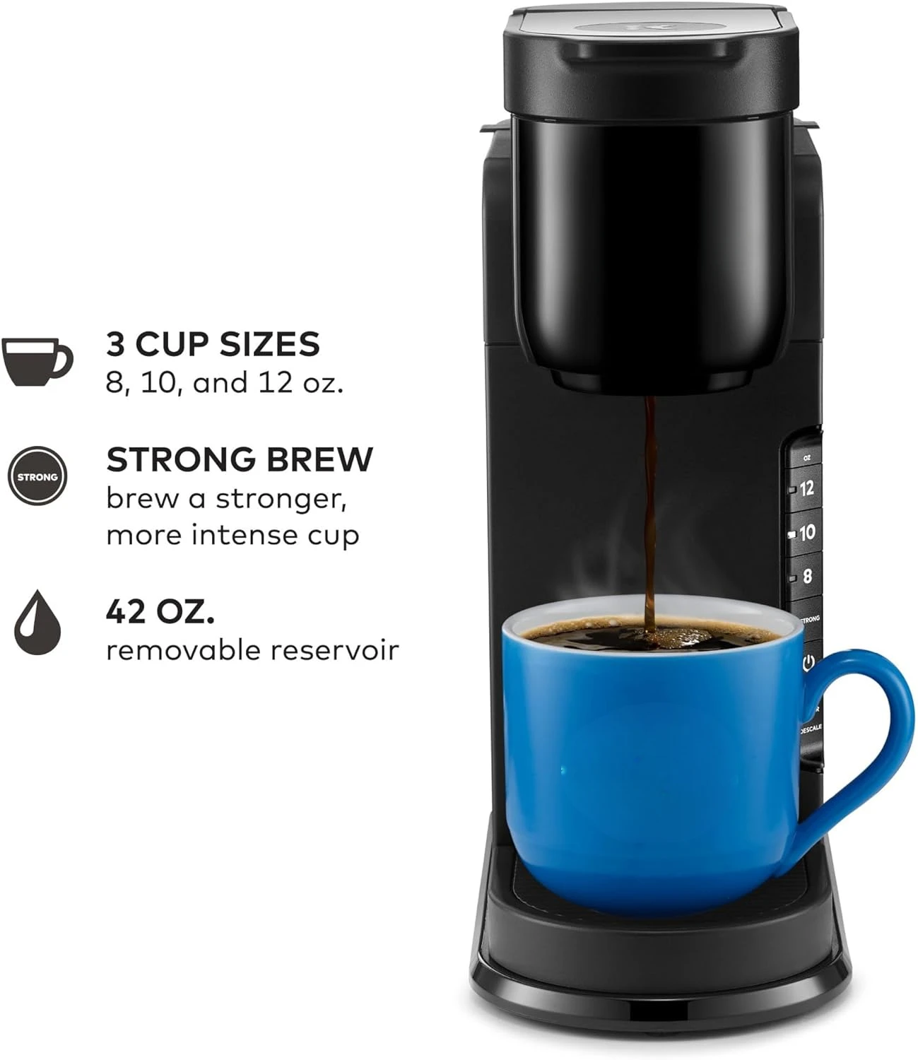 Single Serve K-Cup Pod Coffee Maker, 3 Brew Sizes, Strong Button Feature, 42oz Removable Reservoir, Black