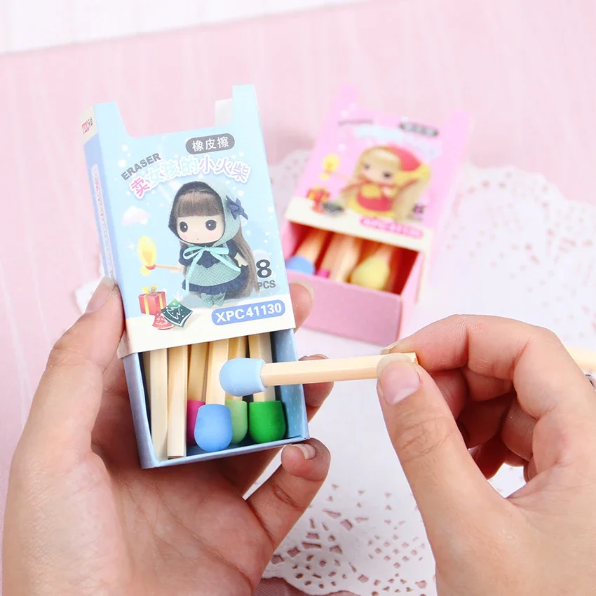 8 PCS/pack Cute Kawaii Matches Eraser Lovely Colored Eraser for Kids Students Kids Creative Item Gift