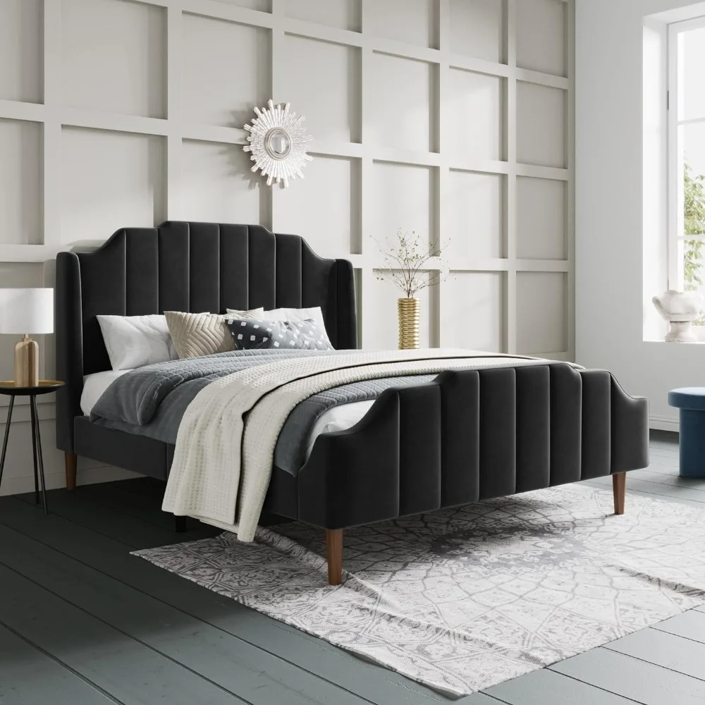 Queen Bed Frame with Modern Curved Velvet Headboard, Strong Wood Slat Support, Upholstered Queen Bed Frame