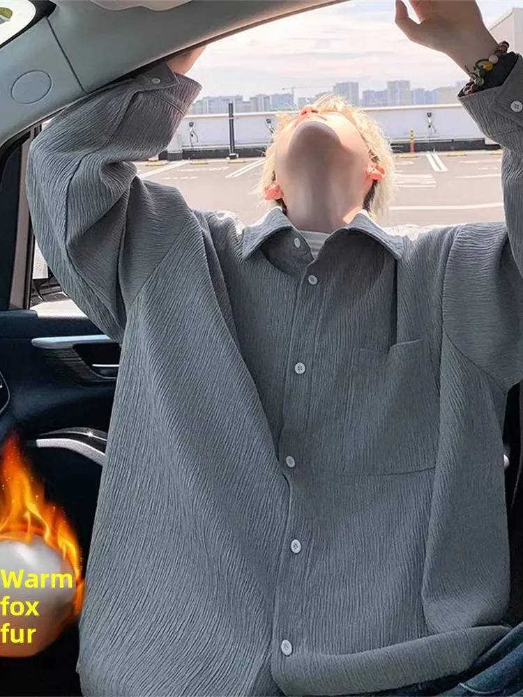 

Men's Long Sve irt Thiened Silver Fur Casual Warm Outerwear Autumn Winter Cleanfit Textured irt American Sle