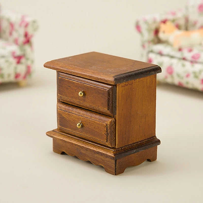 Dollhouse Accessories Crafts 1:12 Double Layer Edge Cabinet Model Miniature Creative Furniture Decoration Wooden Bedside Table