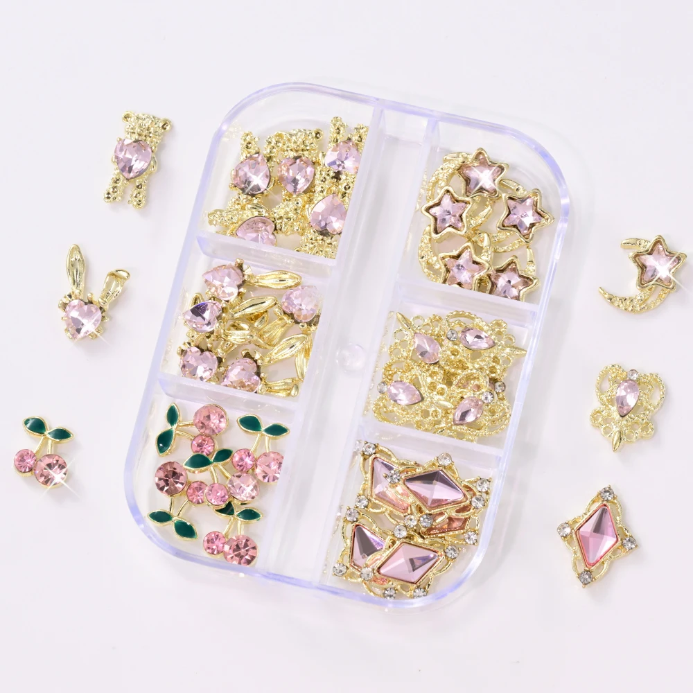 30 قطعة من زينة الأظافر الكريستالية على شكل قلب وردي وكرز، حلي ثلاثية الأبعاد من السبائك على شكل نجمة وقمر ودب وأرنب، ماسة لتزيين الأظافر والمجوهرات