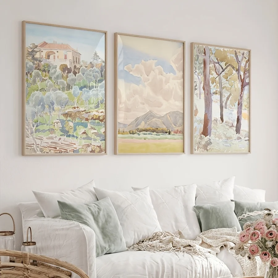 

Watercolor Italian Landscape Canvas Wall Art Pastel Villa Mountain Tree Prints Neutral Boho Farmhouse Decor for Living Room Bed