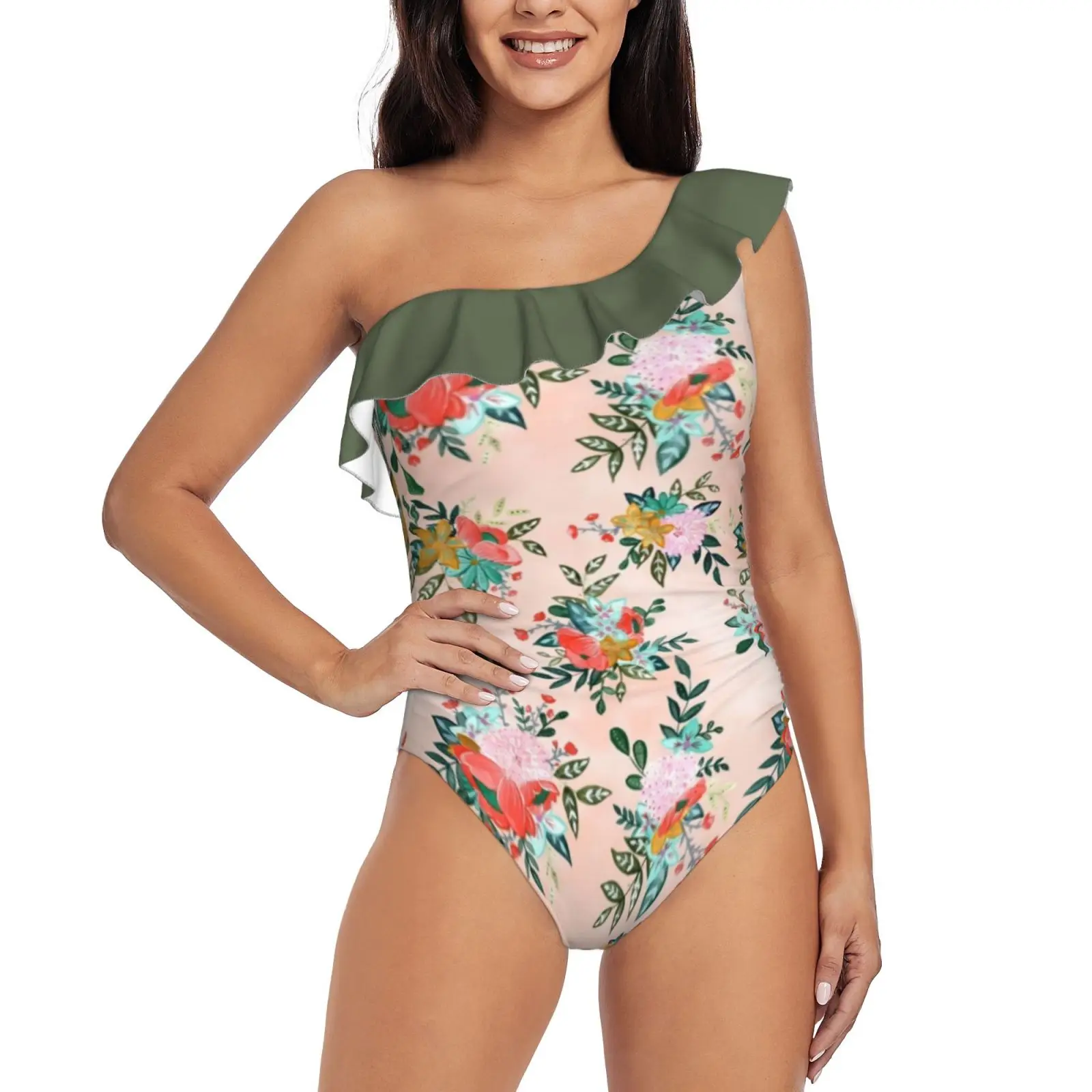 

Bouquet Bursts One Shoulder Ruffle Swimsuits Sexy One Piece Swimsuit Women Swimwear Monokini Gouache Watercolor Pattern Repeat