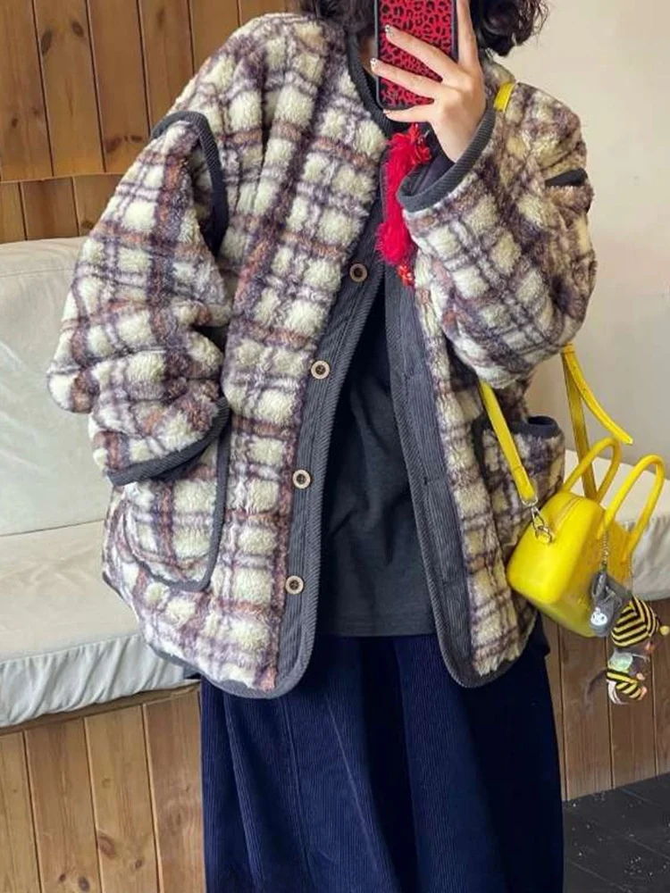 

Корейское зимнее женское пальто из овечьей шерсти и хлопка в клетку, новое, свободное, универсальное, теплое, на пуговицах, для повседневной носки