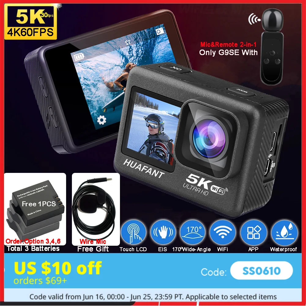 

Экшн-камера G9SE 5K30FPS 4K60FPS 48MP 2.0 Сенсорный ЖК-дисплей EIS Двойной экран Wi-Fi 170D DVR Веб-камера Водонепроницаемая 30-метровая 5-кратная спортивная камера