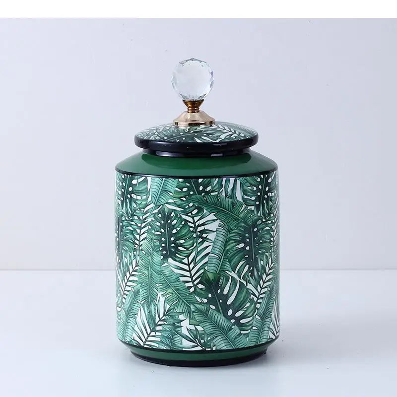 Green Leaf Texture Ceramic Storage Jars with Lids Crystal Cover Jar Tea Caddy Desk Decoration Porcelain Vase Flower Arrangement