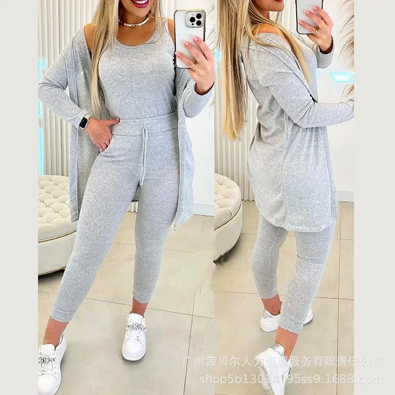 3-Piece Set Outfits Casual Tank Tops Y2K Vest Tops Women Cardigan Outwear Elastic Waist Pants Suit Skinny Pencil Pants