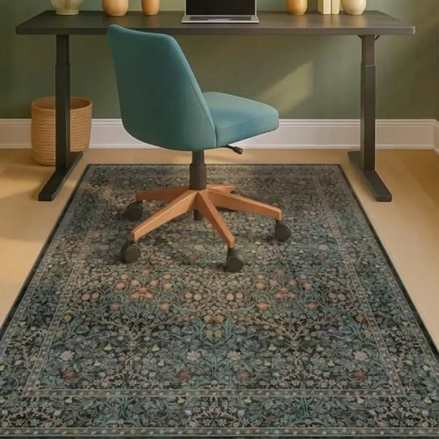 

48"x60" Dark Green Office Chair Mat for Hardwood and Tile Floor Vintage Floral Washable Under Desk Rug with Anti-Slip Backing