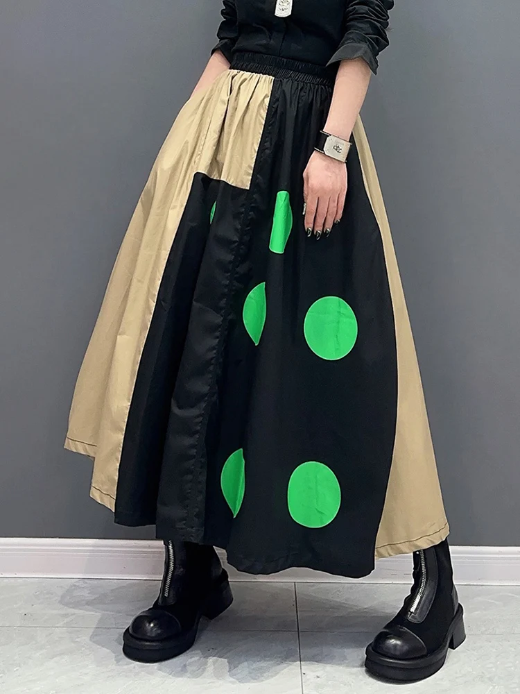 SHENGPALAE Dot Printed Skirt For Women Patchwork Contrast Color Elegance Chic Elastic Waist A-line Skirts Spring 2024 New 5R9474