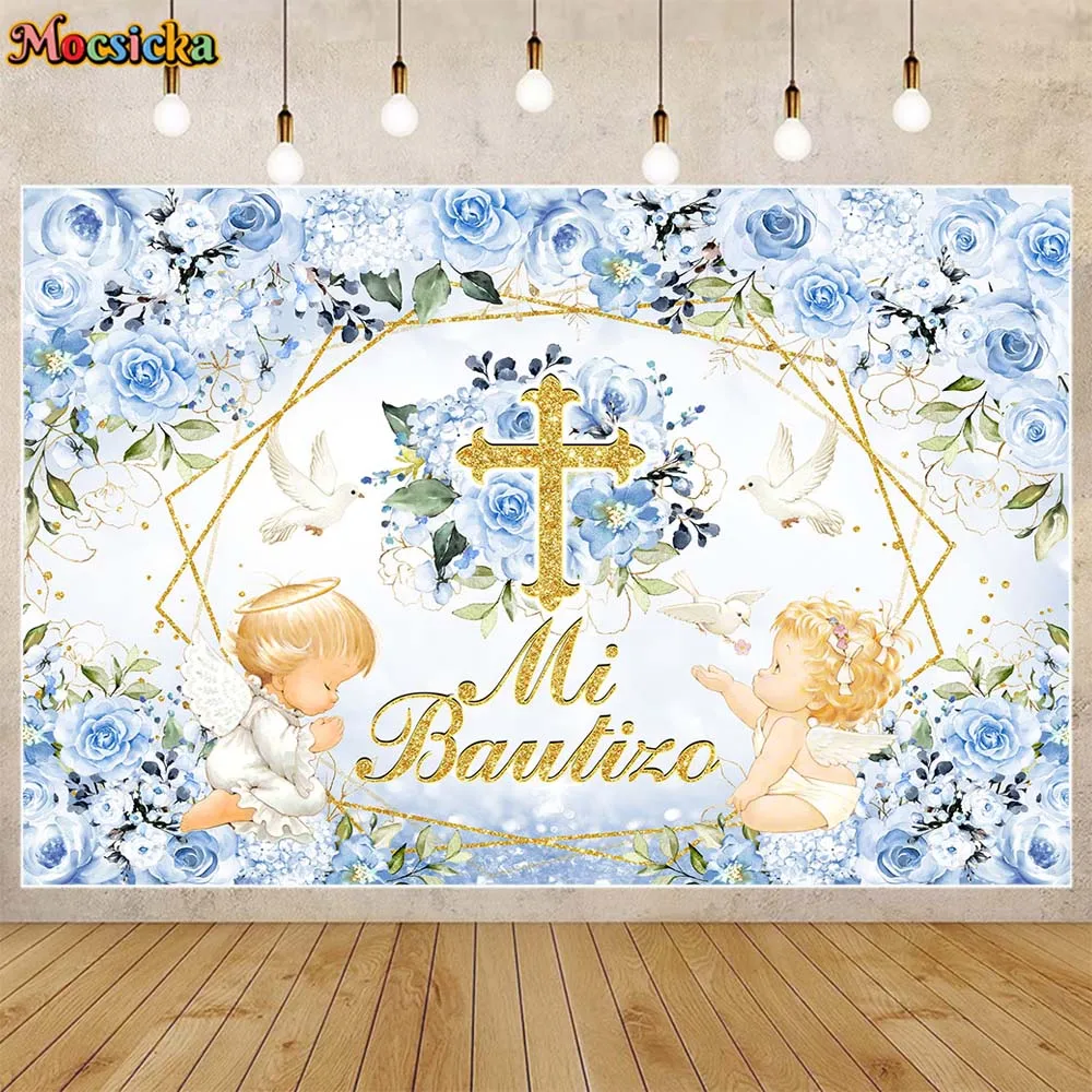 

Mocsicka Baby Baptism Background Boy First Holy Communion Party Decor Backdrop Mi Bautizo Banner Studio Props Blue Flowers Angel