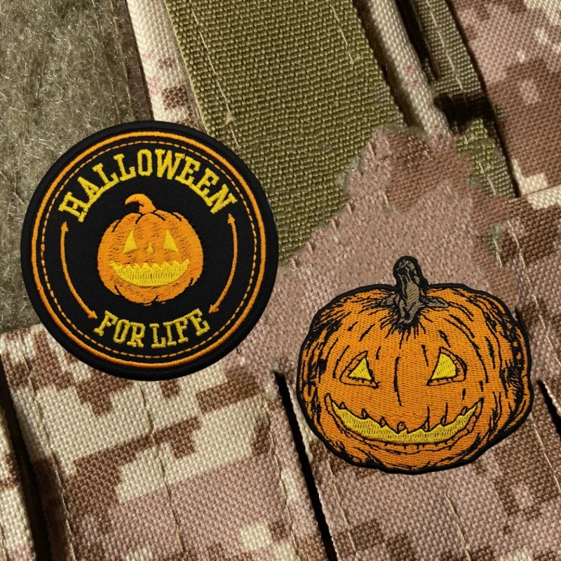 Halloween Pumpkin Skull Morale Badge Patch Tactical Backpack Sticker Victoria Autumn Hook&loop Embroidered Patches for Clothing