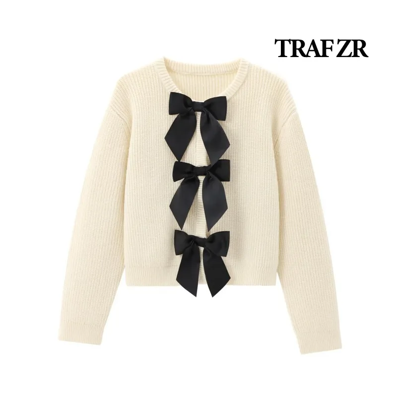 TRAF ZR Knit Cardigan Solid Sweet Bow Cardigans Long Sleeve Sweaters Cardigans for Women Harajuku Vintage Cozy Sweaters