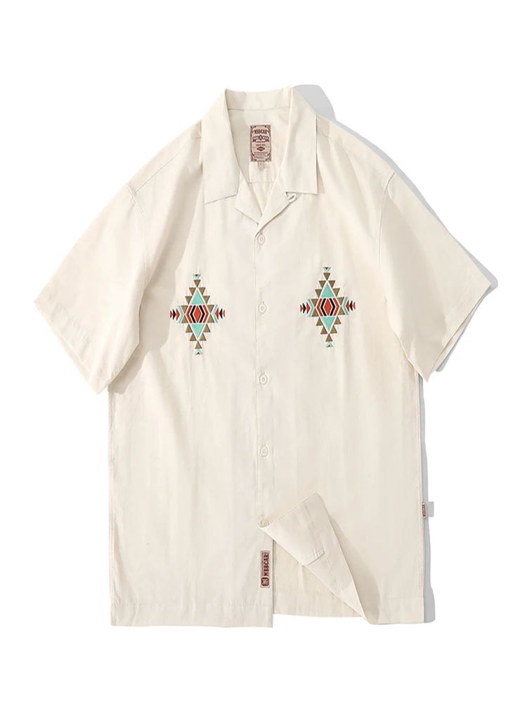 Men's Camp Collar Shirt Short Sleeves White Embroidery Summer Menswear Vintage Clothing