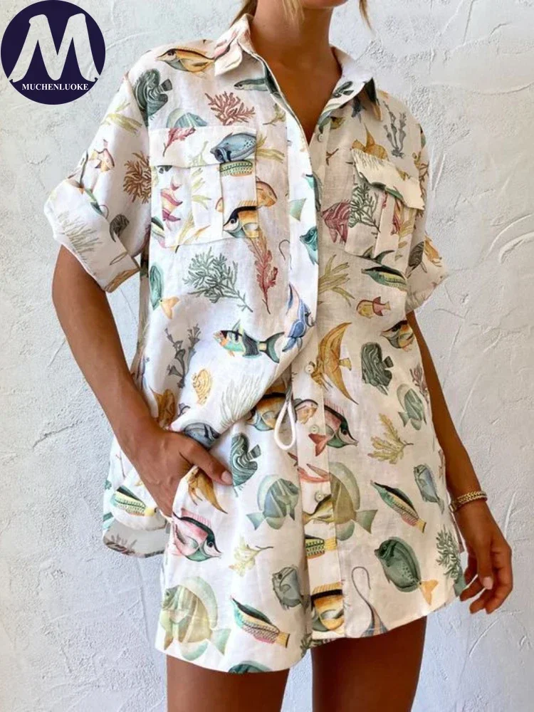 

Sets for Women 2 Pieces 2024 Summer New Fashion Fashion Short Sleeve Tops Suits Casual Loose Lanyard Women's Vacation Short Set