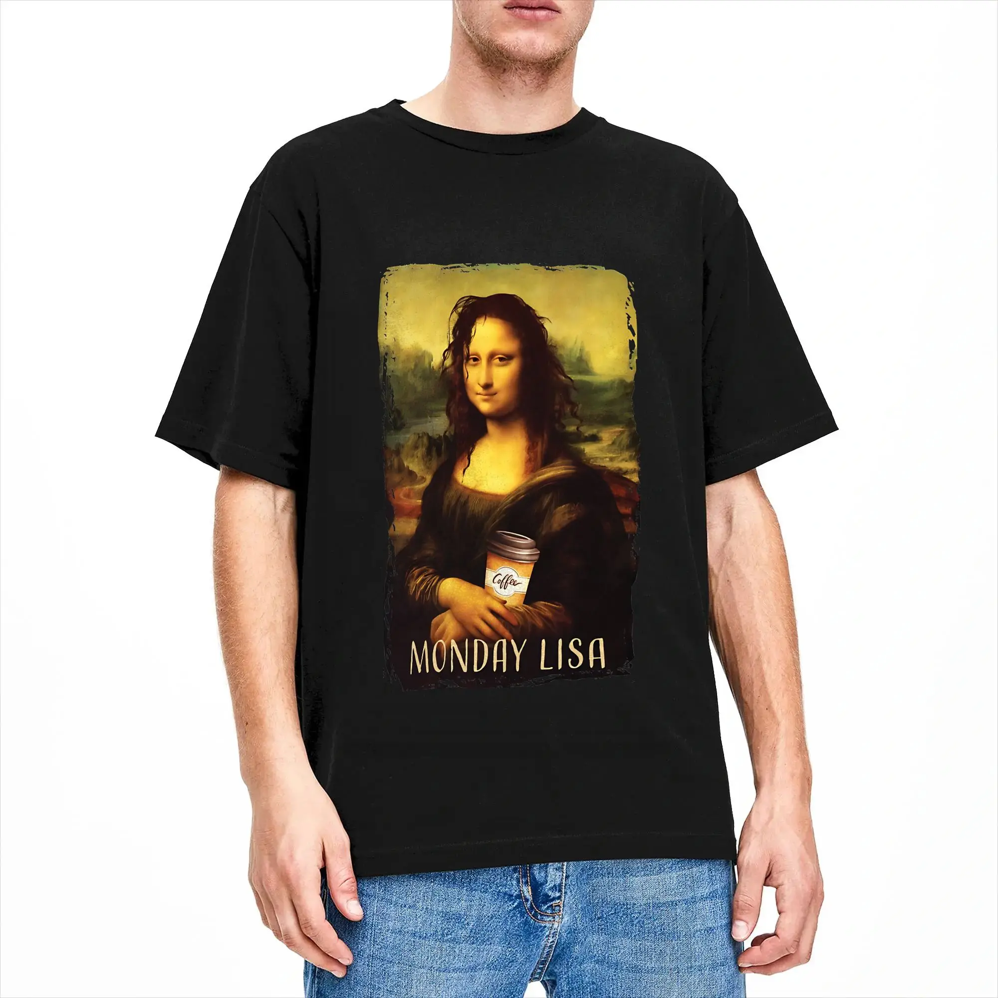 Monday Lisa Gioconda Mona Lisa With Coffe And Tangled Hair  T Shirt Summer  Cotton T Shirts For Men's Casual Tshirt Funny Tops