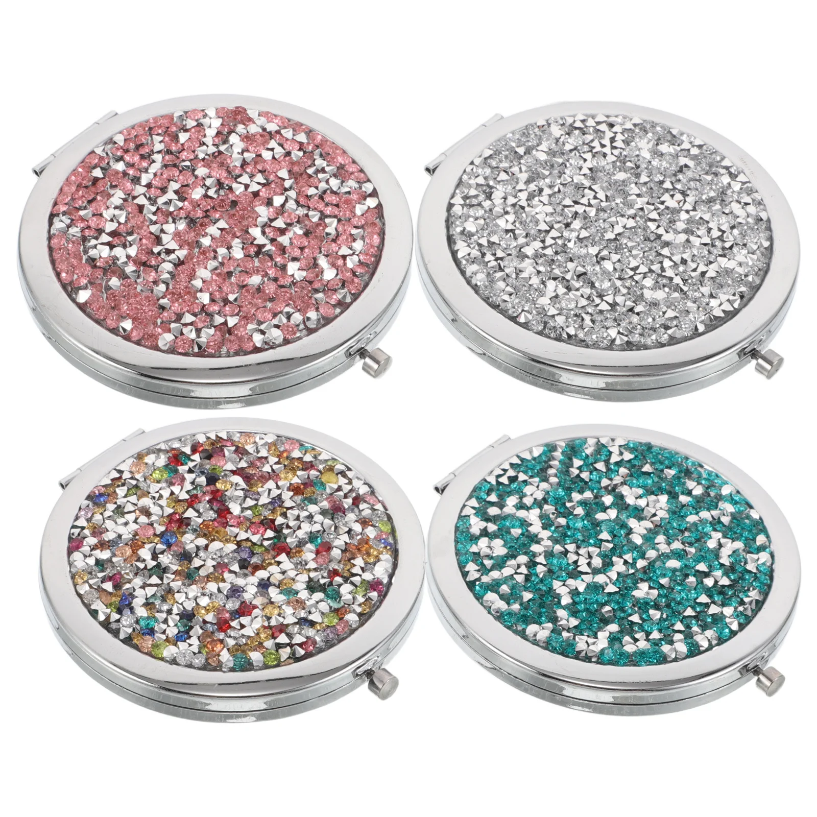 4Pcs Elegant Rhinestone Studded Round Compact Mirror Double Sided Portable Lightweight Durable Purse Travel Pocket Makeup Mirror