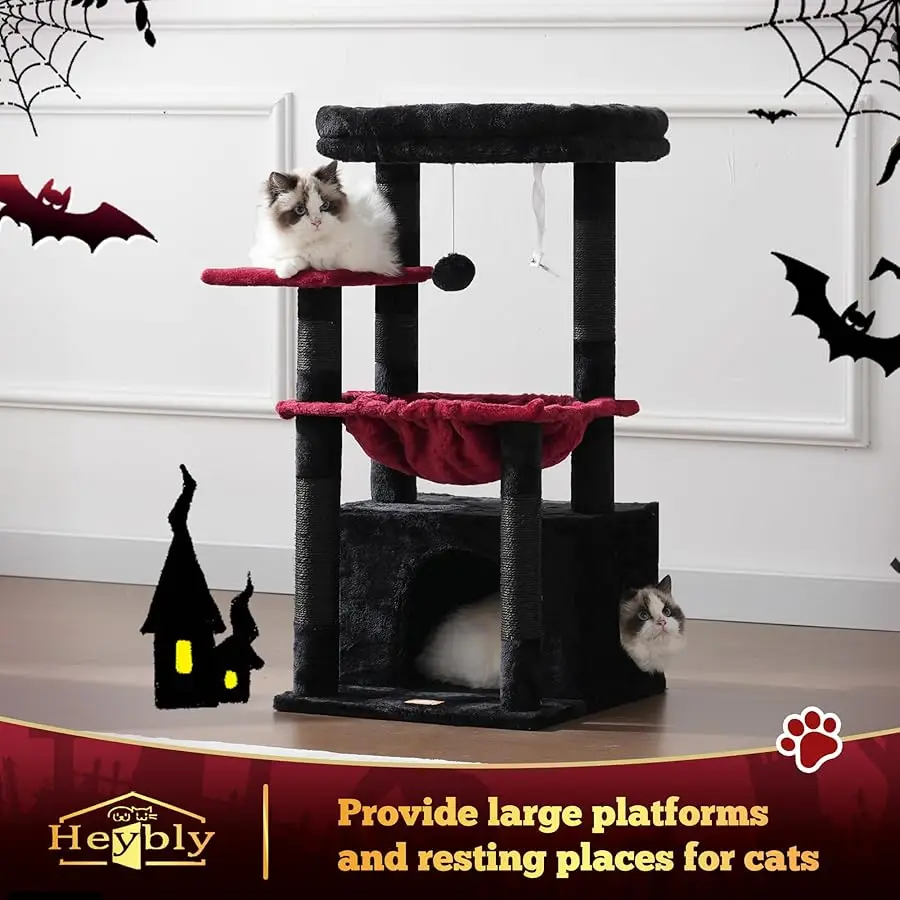 شجرة القطط Heybly، برج القطط مع سلة قطط ناعمة كبيرة، شقة قطط مع كهف سرير واسع مع مساحة مخفية، مغطاة بالسيزال