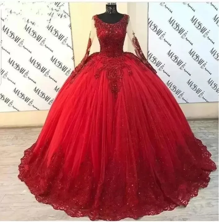 IRIDESCENT Red Tulle Ball Gown Quinceanera Dresses Long Sleeve Beaded Lace Sweet 16 Mexican Party Dress Cinderella CUSTOMIZE