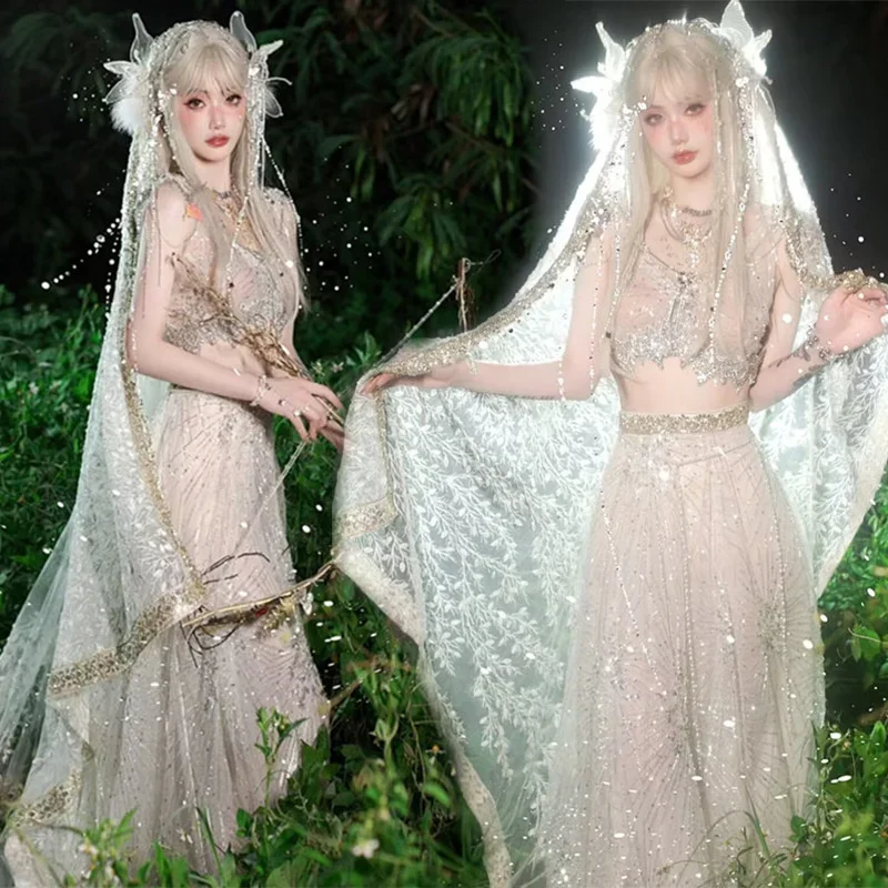 

Women's Halloween Cosplay Costume Forest Fairy Flower Fairy Play Costume Goddess Clothes white Winged Dress Anime Show Garment