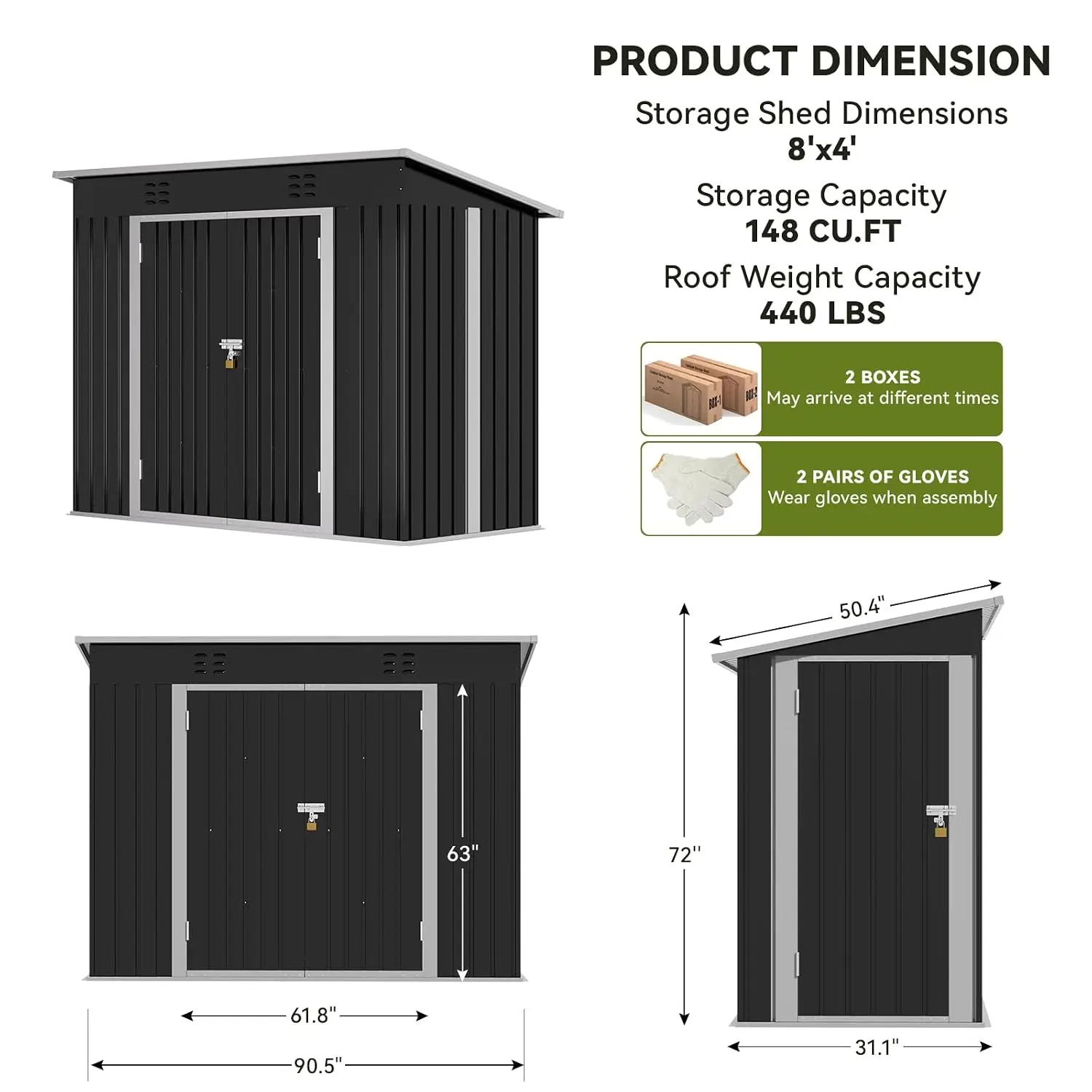 Outdoor Storage Shed Metal Lockable Doors Sloping Roof Steel Garden Shed Air Vent Backyard Patio Lawn Poolside 8x4ft, Customized