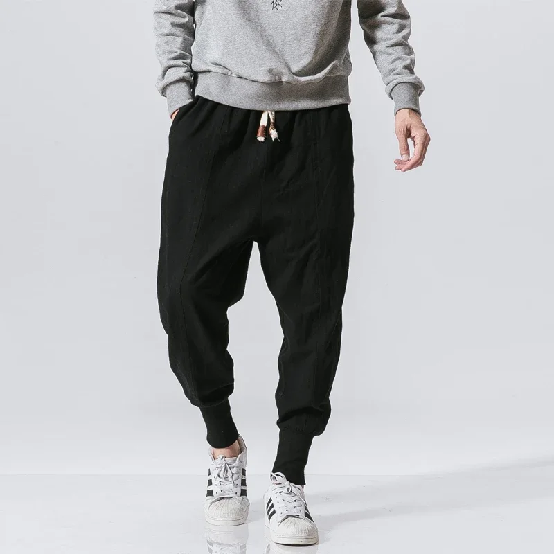 

Spring Casual Oversize Harem Pants Men Streetwear Solid Color Harajuku Baggy Pants Cotton Linen Elastic Waist Joggers For Man