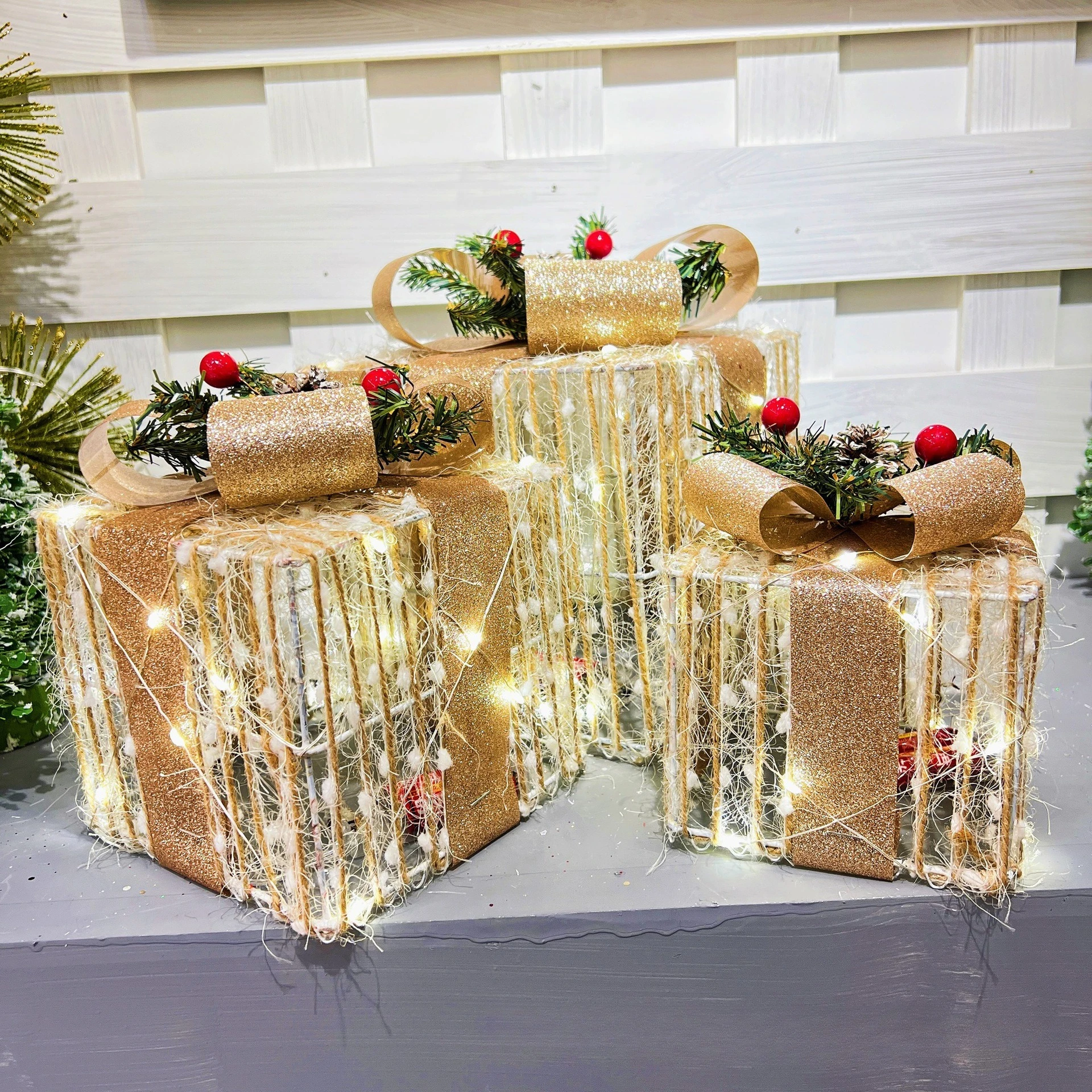 3PC Weihnachten Glow Geschenk Box Metall Beleuchtung Geschenk Box Weihnachten Baum Dekoration Hause Einkaufszentrum Weihnachten Atmosphäre Dekoration – Detail 8
