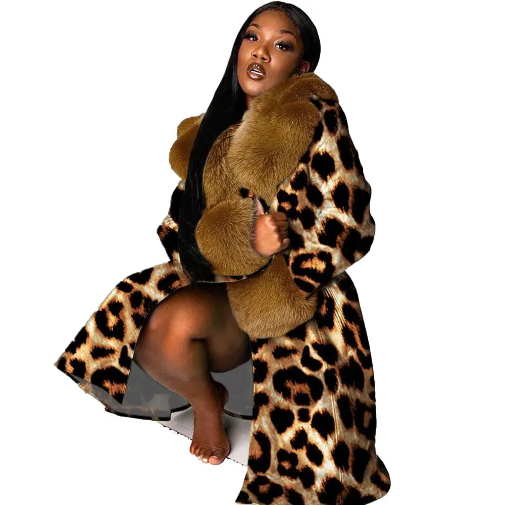 

Autumn and Winter Women's Coat Detachable Fur Collar Printed Leopard Print Long Coat Sexy Casual