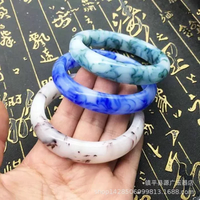 Xinjiang Outer Mongolia Material Bracelet Floating Green Bracelet Ink Painting Jade Bracelet Gold Thread Jade Gobi Blue and Whit