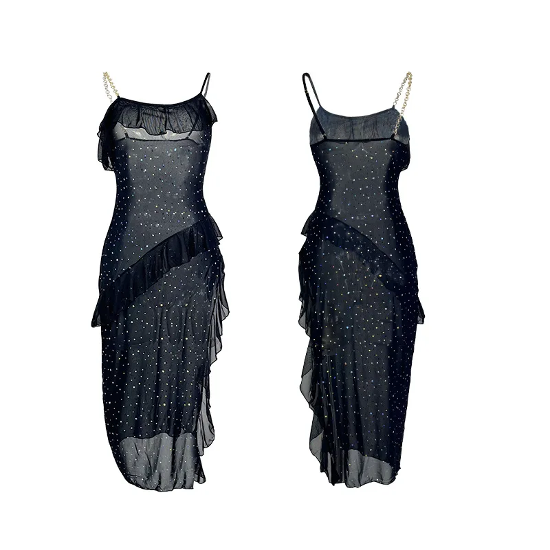 Mesh Long Nightdress Suspender Ruffle Edge Sequined Split Multi-color Model for Comfortable Wear At Home Cw96838
