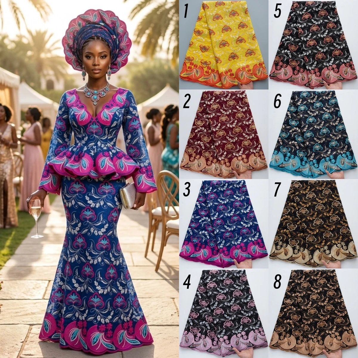 Luxuriöser afrikanischer Baumwoll-Spitzenstoff mit gesticktem Blumenmuster in Marineblau, hochwertige Schweizer Voile-Spitze für Damen, Hochzeitsfeierkleid