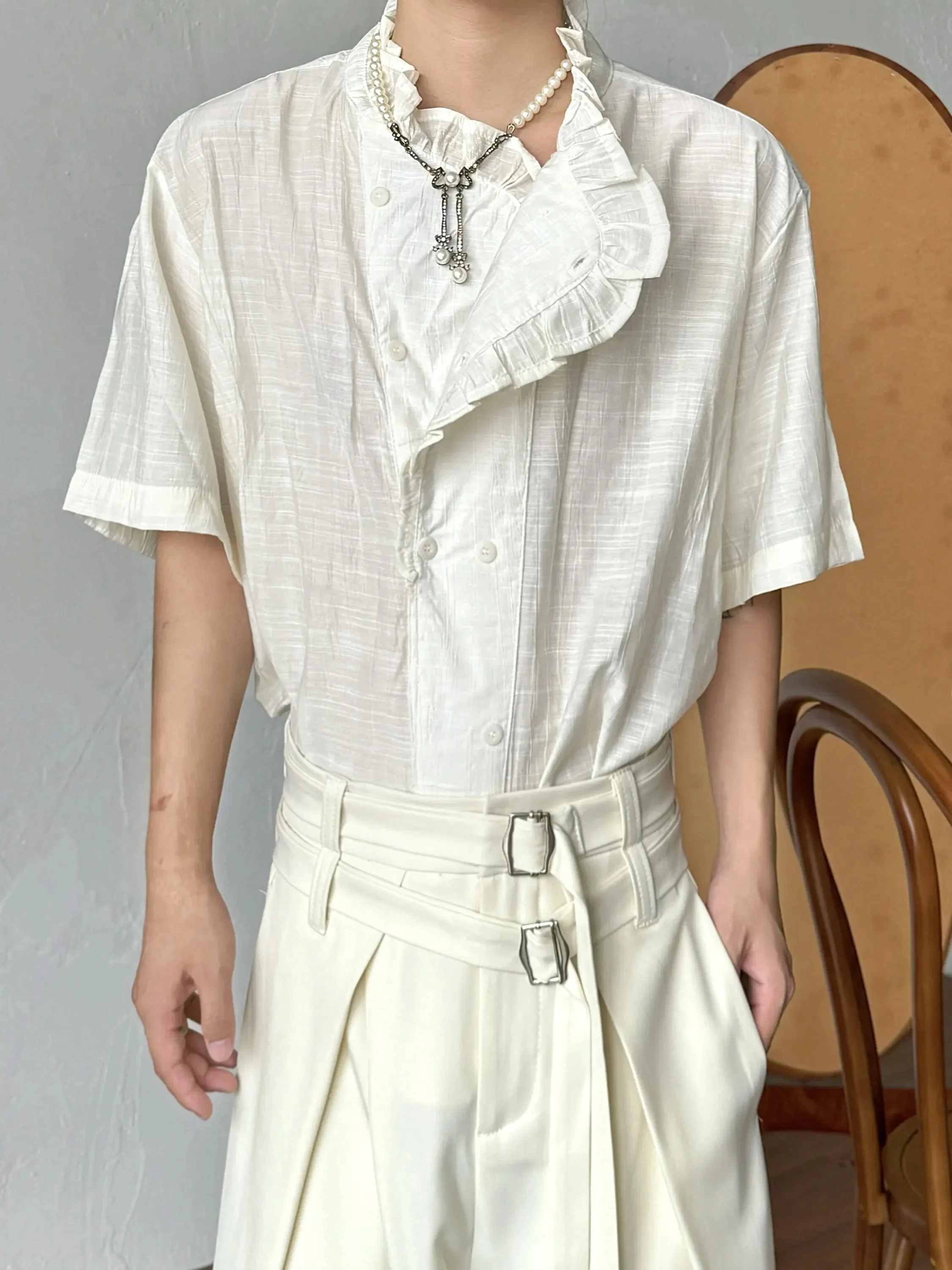 Retro Style Pure Color Short Sleeve Shirt with Lace Collar for Men And Women Casual Lightweight Summer Shirt Breathable Polye...