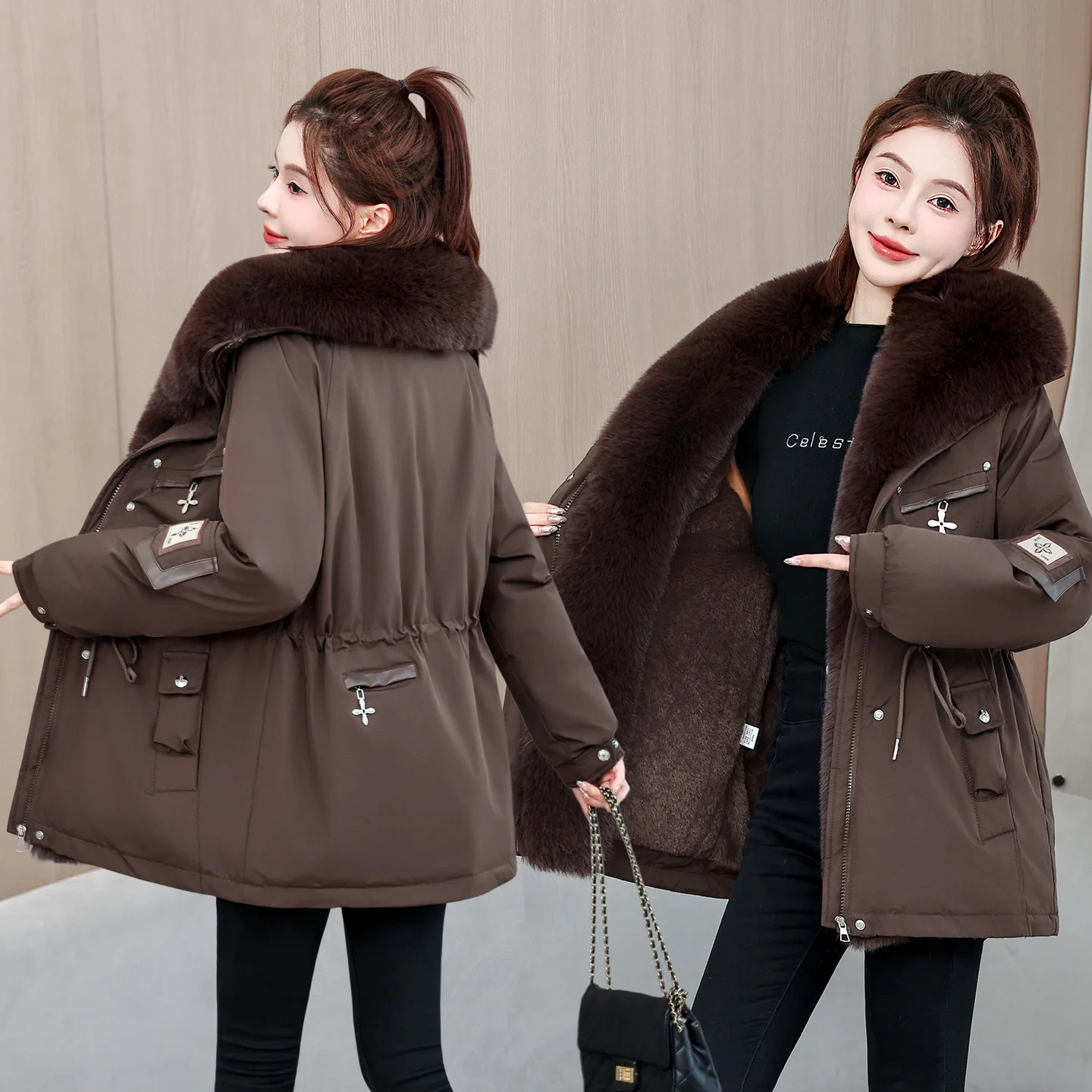 2026 Fashion Big Fur Collar Parkas Women's Winter Cotton-padded Jacket Fleece Thicken Windproof Warm Coats Drawstring Outerwear