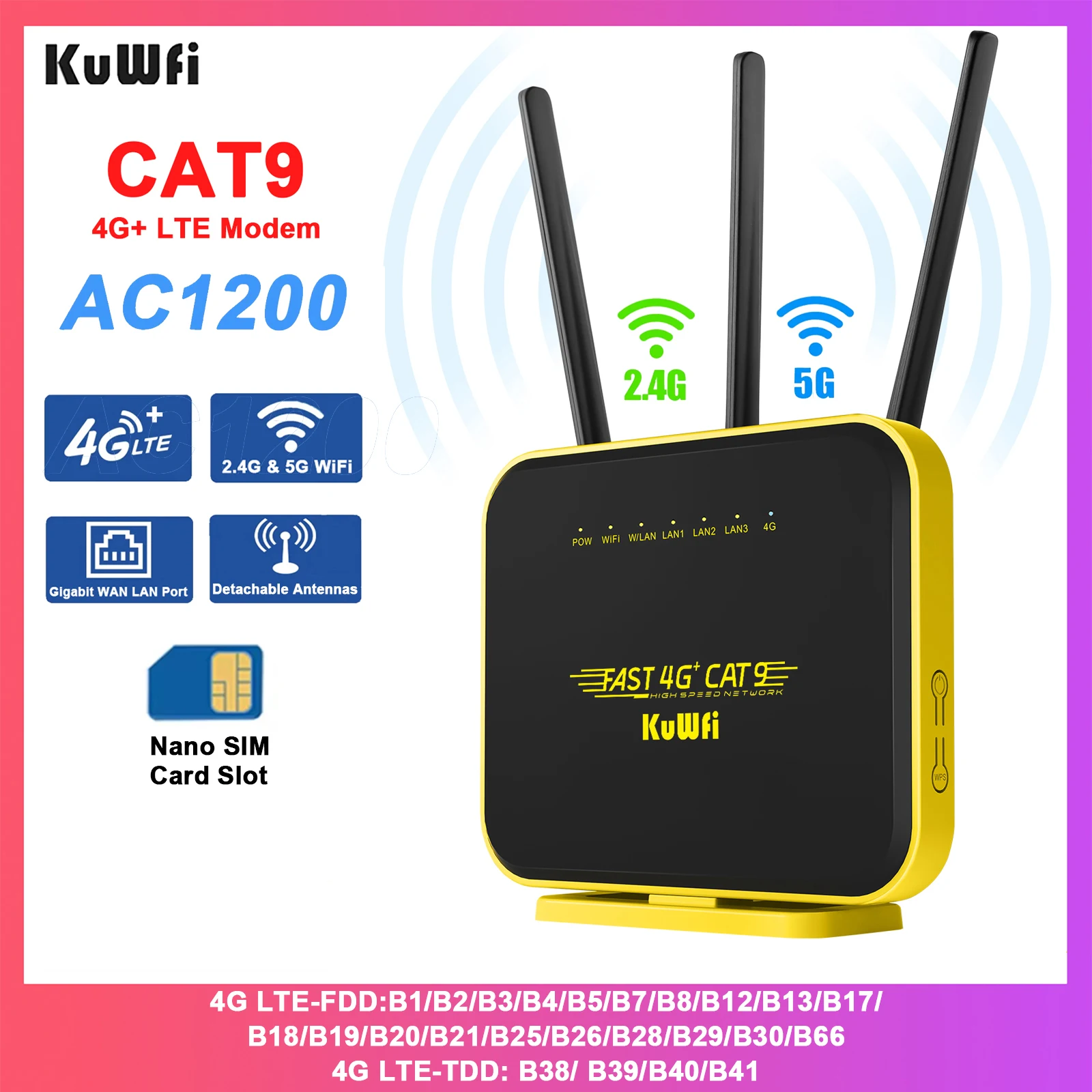 KuWFi CAT9 4G+ Router 1200Mbps 2.4G 5GHz WiFi Router 4G LTE Modem Gigabit WAN LAN Port USIM Slot AP Repeater Detachable Antennas