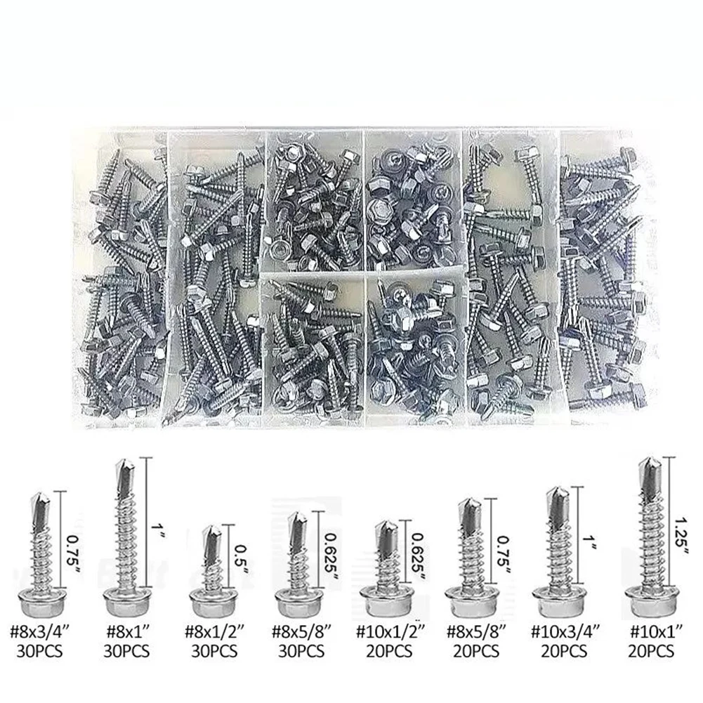 Stainless Steel Hexagonal Tapping Screws 200Pcs Assorted Sizes for Reliable Fastening in Different Applications