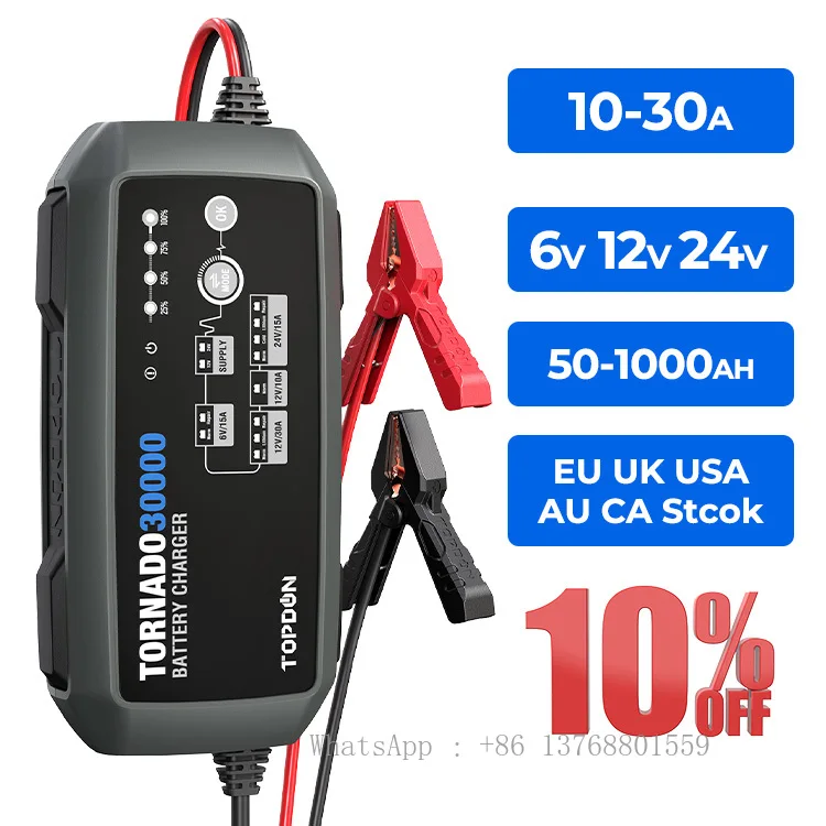 

TOPDON T30A TORNADO30000 50Ah To 1000Ah 12v-24v 24 Volt 12/24v 12v 24v 30a Auto Portable Intelligent Car Lithium Battery Charger