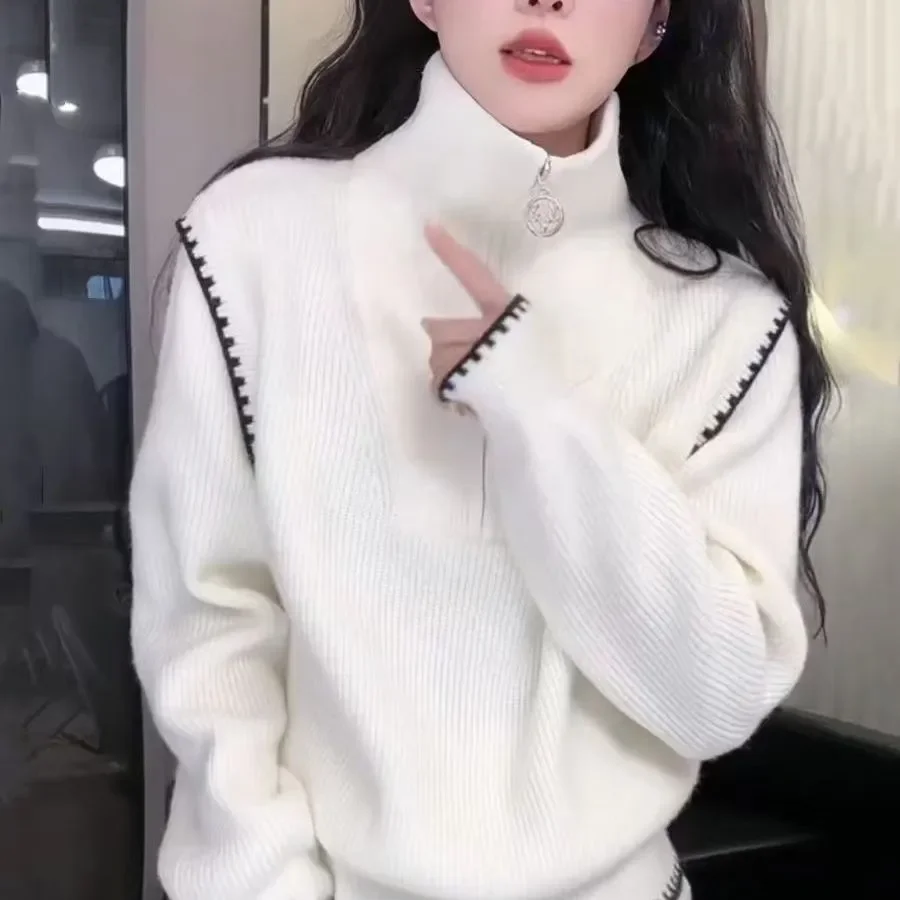 

Шикарный свитер на молнии с полуводовым воротником, женская верхняя одежда, осень-зима 2026, новая мода, свободные трикотажные топы с длинными рукавами