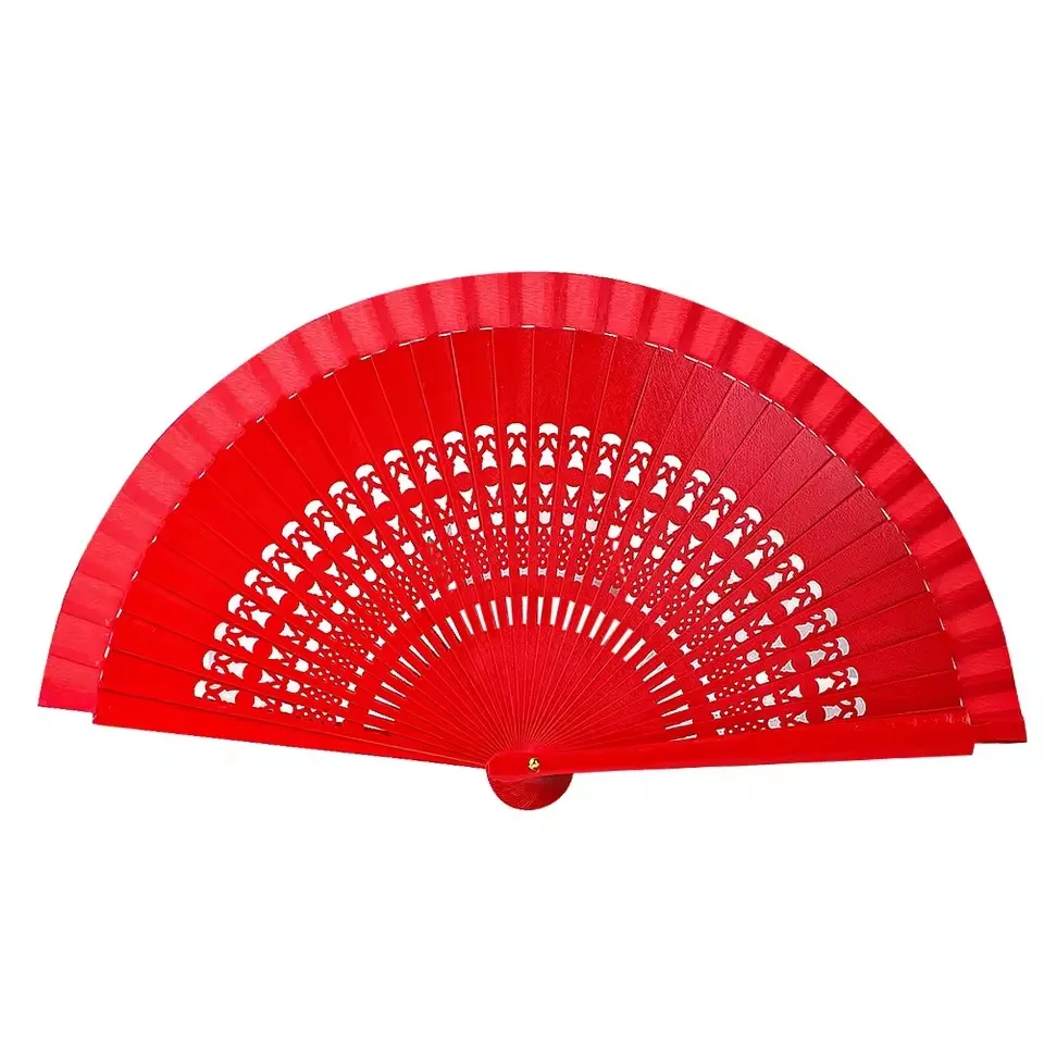 Spanish Red Fan Hollow Wood Hand Held Folding Fan Cheongsam Catwalk Dance Performance Prop Accessories Wedding Celebration Decor