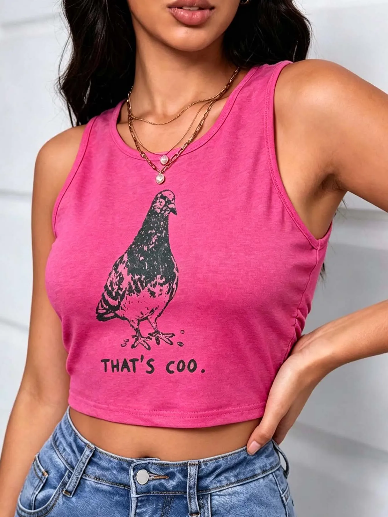 Women's retro pigeon-print blouse, sporty casual sleeveless short top, comfortable and versatile for summer wear.