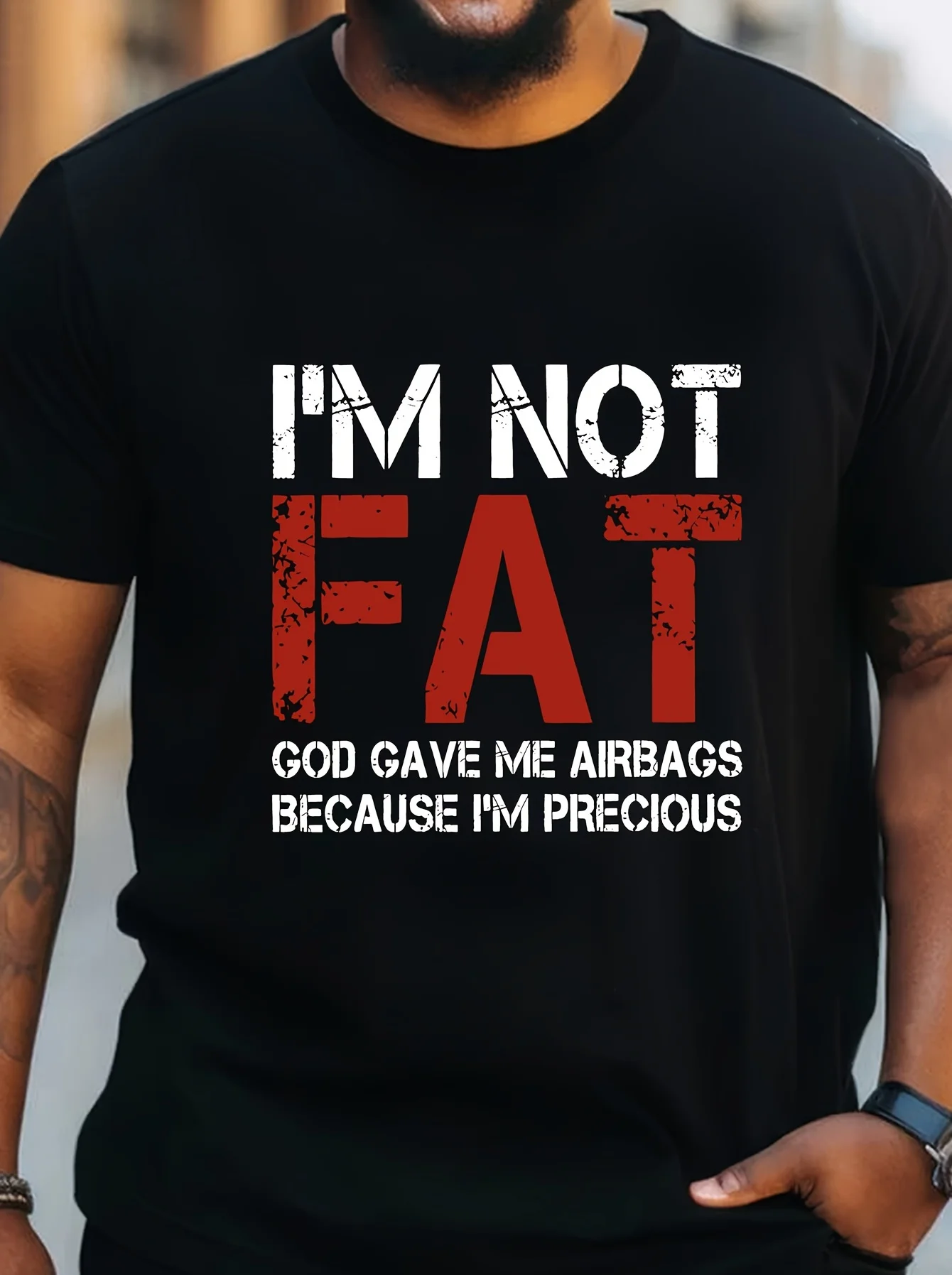 Plus Size MenS Summer Graphic Tee I M NOT FAT GOD GAVE ME AIRBAGS BECAUSE I M PRECIOUS Print Casual Crew Neck ShortSleeve TShirt